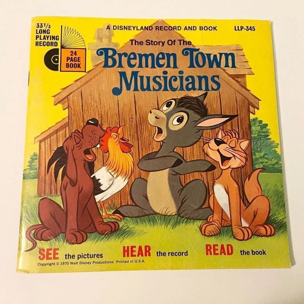 Vintage 1970 Disney Bremen Town Musicians 7 Inch Record and Book